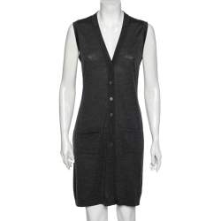 Hermes Charcoal Grey Wool Sleeveless Button Front Long cardigan M