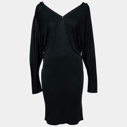 Pre Owned Hermes Black Jersey V-Neck Long Sleeve Dress S