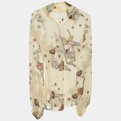 Pre Owned Hermes Beige Ballerina Jacquard Silk Long Sleeve Blouse S