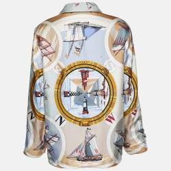 Hermes Blu Sailboat & Lighthouse Printed Silk & Cotton Reversible Jacket M