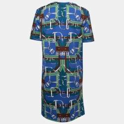 Pre Owned Hermes Blue Printed Cotton T-Shirt Dress M