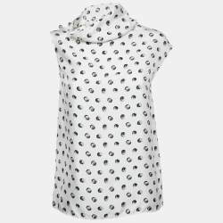 Hermes White Printed Twill Silk Cowl Neck Top S