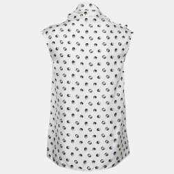 Hermes White Printed Twill Silk Cowl Neck Top S