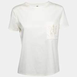 Pre Owned Hermes Cream Cotton Embroidered Pocket T-Shirt M