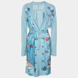Pre Owned Hermes Blue Les Cles Print Silk & Knit Belted Cardigan S