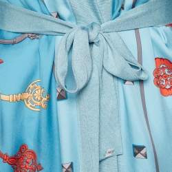 Pre Owned Hermes Blue Les Cles Print Silk & Knit Belted Cardigan S