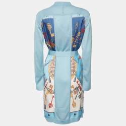 Pre Owned Hermes Blue Les Cles Print Silk & Knit Belted Cardigan S