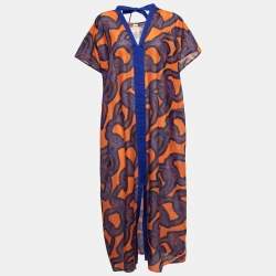Hermes Blue/Orange Printed Cotton Beach Kaftan One Size