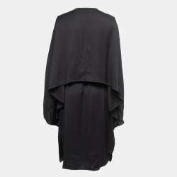 Hermes Black Crepe Cape Effect Belted Midi Dress M