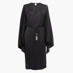 Hermes Black Crepe Cape Effect Belted Midi Dress M