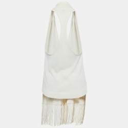 Hermes Cream Knit Button Front Fringed Sleeveless Cardigan S