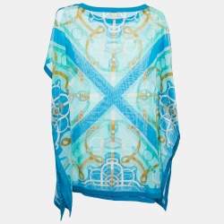 Hermes Blue Belt Print Cotton Side Buttoned Kaftan Tunic Top One Size