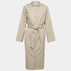 Pre Owned Hermès  Beige Logo Embroidered Cotton Belted Midi Shirt Dress M