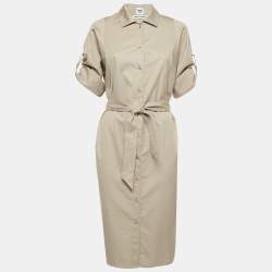Pre Owned Hermès  Beige Logo Embroidered Cotton Belted Midi Shirt Dress M