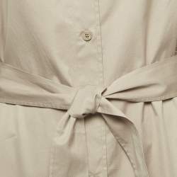 Pre Owned Hermès  Beige Logo Embroidered Cotton Belted Midi Shirt Dress M