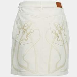 Pre Owned Hermès Beige Embroidered Denim Mini Skirt M
