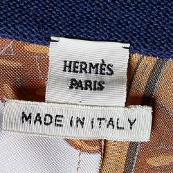 Pre Owned Hermes Navy Blue Coaching Print Silk & Knit Crew Neck Top S