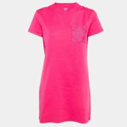 Pre Owned Hermès Pink Embroidered Pocket Cotton Knit Mini T-Shirt Dress M