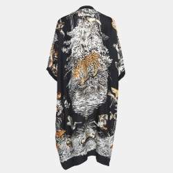 Hermes Black Animal Print Silk & Knit Trim Long Twillaine Cardigan M