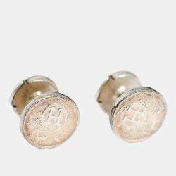 Pre Owned Hermes Sterling Silver Ex-Libris Button Earrings