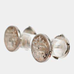 Pre Owned Hermes Sterling Silver Ex-Libris Button Earrings