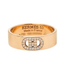 Hermès H d'Ancre Diamond 18K Rose Gold Band Ring Size 53