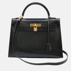 Pre Owned Hermes Black Box Calf Leather Kelly 32 Handbag