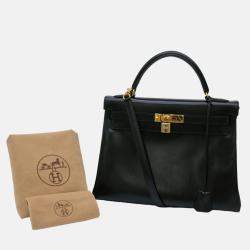 Hermes Black Box Calf Leather Kelly 32 Handbag