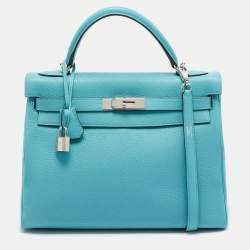 Pre Owned Hermes Celeste Taurillon Clemence Leather Palladium Finish Kelly Retourne 32 Bag