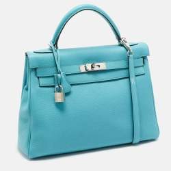 Pre Owned Hermes Celeste Taurillon Clemence Leather Palladium Finish Kelly Retourne 32 Bag