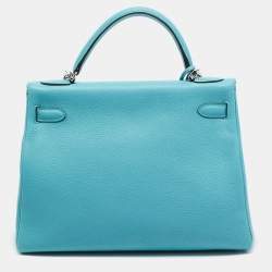 Pre Owned Hermes Celeste Taurillon Clemence Leather Palladium Finish Kelly Retourne 32 Bag