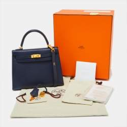 Pre Owned Hermes Blue Encre Chevre Mysore Leather Gold Finish Kelly Sellier 25 Bag