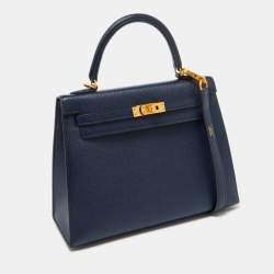 Pre Owned Hermes Blue Encre Chevre Mysore Leather Gold Finish Kelly Sellier 25 Bag