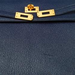 Pre Owned Hermes Blue Encre Chevre Mysore Leather Gold Finish Kelly Sellier 25 Bag