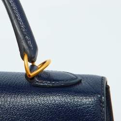 Pre Owned Hermes Blue Encre Chevre Mysore Leather Gold Finish Kelly Sellier 25 Bag