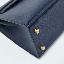 Pre Owned Hermes Blue Encre Chevre Mysore Leather Gold Finish Kelly Sellier 25 Bag