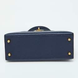 Pre Owned Hermes Blue Encre Chevre Mysore Leather Gold Finish Kelly Sellier 25 Bag