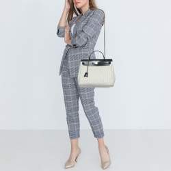 Pre Owned Hermès Ecru Blanc Noir/Bleu Indigo Vache Hunter/Toile Quadrille Viking Leather Herbag Zip Retourne 31 Bag