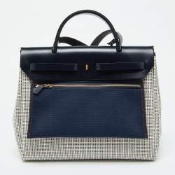 Pre Owned Hermès Ecru Blanc Noir/Bleu Indigo Vache Hunter/Toile Quadrille Viking Leather Herbag Zip Retourne 31 Bag