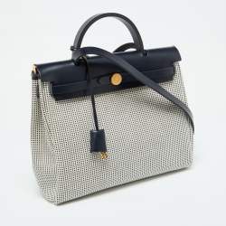 Pre Owned Hermès Ecru Blanc Noir/Bleu Indigo Vache Hunter/Toile Quadrille Viking Leather Herbag Zip Retourne 31 Bag