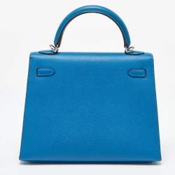 Hermes Bleu Izmir Epsom Leather Palladium Finish Kelly Sellier 25 Bag