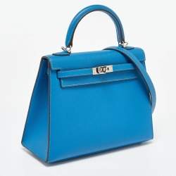 Hermes Bleu Izmir Epsom Leather Palladium Finish Kelly Sellier 25 Bag