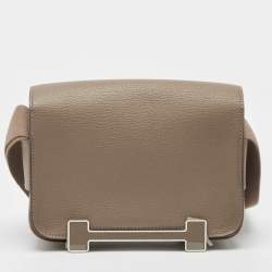 Pre Owned Hermès Etoupe Chevre Mysore Leather Palladium Finish Geta Bag