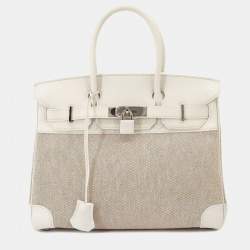 Hermes Ash White Natural Swift Toile K Engraved Silver Hardware Birkin 30 Handbag