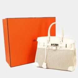 Hermes Ash White Natural Swift Toile K Engraved Silver Hardware Birkin 30 Handbag