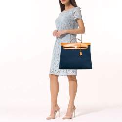 Pre Owned Hermes Bleu De Malte/Natural Toile and Vache Hunter Herbag Zip 39 Bag