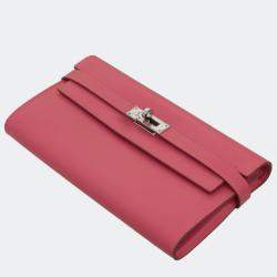 Pre Owned Hermes Rose Tyrien Box Calf Leather Kelly Wallet