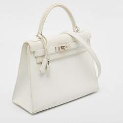 Pre Owned Hermes Blanc Epsom Leather Palladium Finish Kelly Sellier 28 Bag