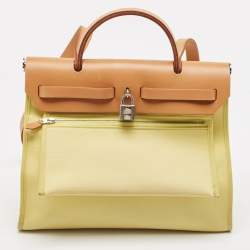 Pre Owned Hermes Lime/Natural Toile and Vache Hunter Herbag Zip 31 Bag