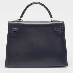 Pre Owned Hermes Bleu Marine Box Leather Gold Finish Kelly Sellier 32 Bag